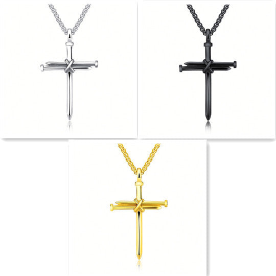 1 Cross + 3 Nails = 4 Given Steel Gold Black Color Fashion Mens Iron Nail Cross Pendant Necklace Stainless Steel 3mm Round Box Chain Jewelry Gift For Men