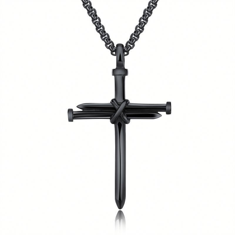 1 Cross + 3 Nails = 4 Given Steel Gold Black Color Fashion Mens Iron Nail Cross Pendant Necklace Stainless Steel 3mm Round Box Chain Jewelry Gift For Men