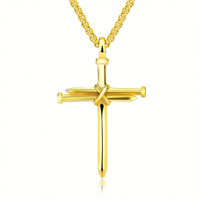 1 Cross + 3 Nails = 4 Given Steel Gold Black Color Fashion Mens Iron Nail Cross Pendant Necklace Stainless Steel 3mm Round Box Chain Jewelry Gift For Men