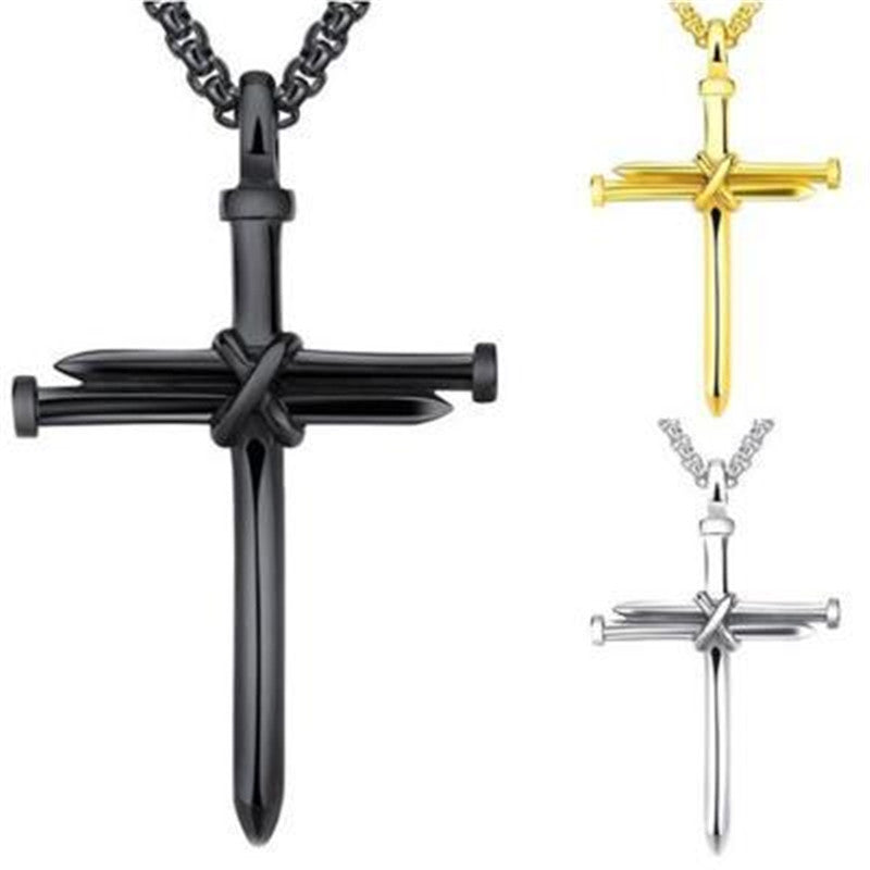 1 Cross + 3 Nails = 4 Given Steel Gold Black Color Fashion Mens Iron Nail Cross Pendant Necklace Stainless Steel 3mm Round Box Chain Jewelry Gift For Men