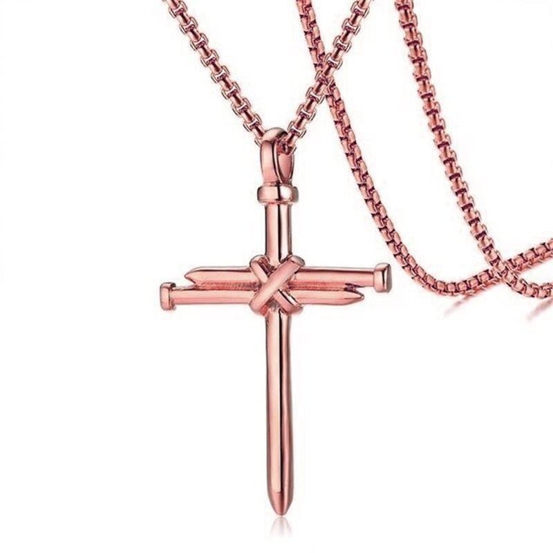 1 Cross + 3 Nails = 4 Given Steel Gold Black Color Fashion Mens Iron Nail Cross Pendant Necklace Stainless Steel 3mm Round Box Chain Jewelry Gift For Men